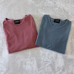 Cuts Elongated T Shirt Set 2 Pink Blue Mens L Crew Neck‎ Short Sleeve Drip